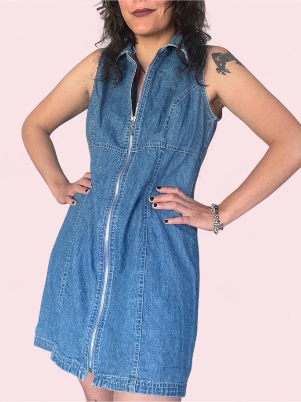 90s Zip Front Denim Mini Dress • Vintage LA Blues Fitted Collared Dress